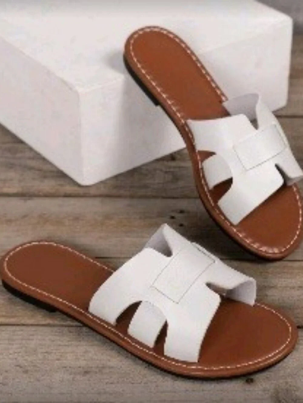 NWOT Faux Leather H Cut Out Flat Slide Sandals, 41 (US 9.5), White